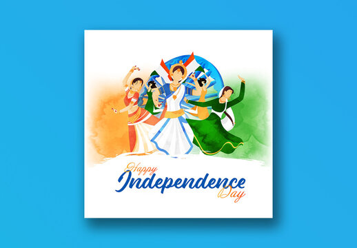 Happy Independence Day Social Media Post with Illustration of Indian Classical Dancer Woman and Ashoka Chakra in Color Splash Background, Editable Design.