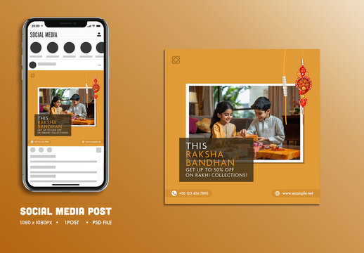 Raksha Bandhan Social Media Sale Post with Cute Sibling and Gifts at Room for for Advertising Festival or Event, Editable Design.