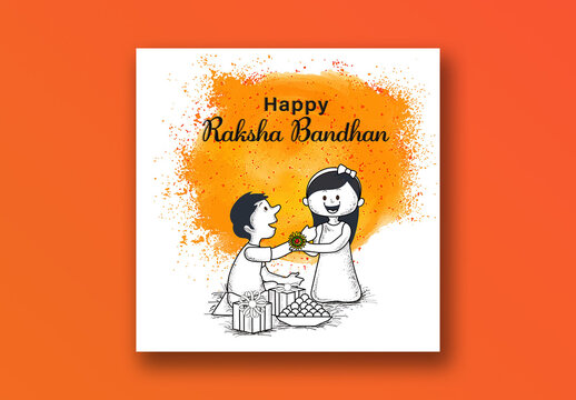 Happy Raksha Bandhan Social Media Post with Illustration of Cute Sister Rakhi Tied Her Brother Surrounding Gifts and Sweets, Editable Design.