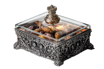 Ornate Silver Box with Dates on Transparent Background