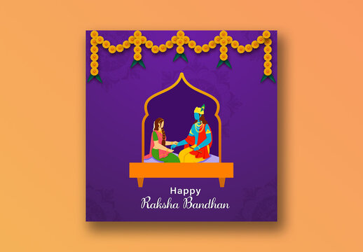 Happy Raksha Bandhan Social Media Post with Illustration of Subhadra Sacred Thread Tying to Lord Krishna, Editable Design.