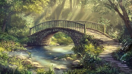 Fototapeta premium A charming stone bridge arching gracefully over a clear, tranquil stream, surrounded by lush greenery and soft sunlight filtering through the trees. 
