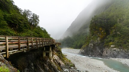 A charming wooden bridge spanning a mountain river, the morning mist wrapping around it, with faint hints of rocky terrain and forest beyond.  