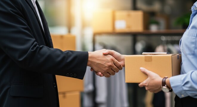 Two people shaking hands while one hands over a cardboard box.