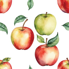  Seamless Watercolor Apple Pattern on White Background.