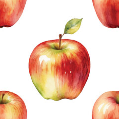  Seamless Watercolor Apple Pattern on White Background.