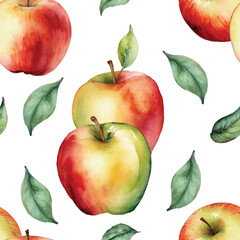 Seamless Watercolor Apple Pattern on White Background.