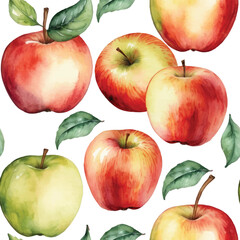  Seamless Watercolor Apple Pattern on White Background.