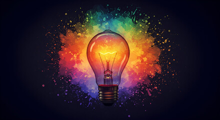 Light bulb on black background with rainbow color splash