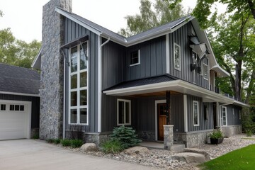 Modern cottage look with vertical siding and rock trim --ar 3:2 --v 7 Job ID: 6512114e-4d77-4d7b-9d20-620df4bc72aa