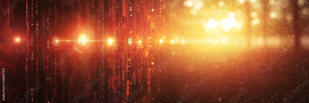 Poster red and orange bokeh with binary code banner, abstract technology wallpaper illustration