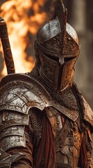 Medieval knight in ornate battle armor with flames in the background during combat.