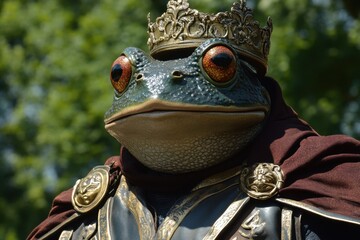 Close up of a regal frog prince wearing a golden crown and ornate royal attire against a green leafy background