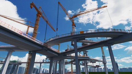 A complex double-deck bridge construction project with towering cranes assembling upper and lower levels for efficient urban transport solutions.  