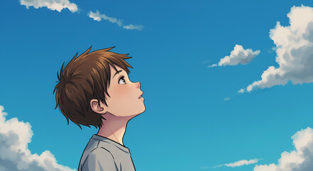 Young boy looking up blue sky . Digital painting style