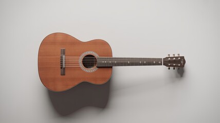 Spanish Acoustic Guitar Isolated on White Background, Classic Design with Wooden Body and Rich Strings, Close-Up of Guitar Details