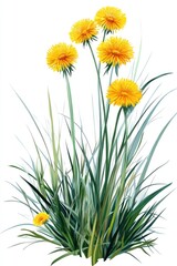 Bright yellow dandelions rise from a cluster of green grass
