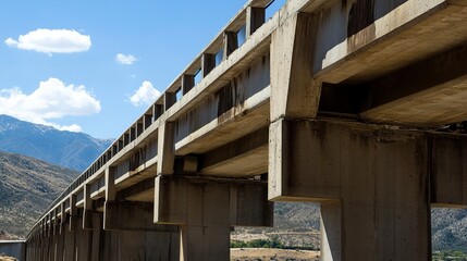 A concrete bridge with reinforced girders, its clean, geometric structure highlighted against a backdrop of mountains and open skies. 