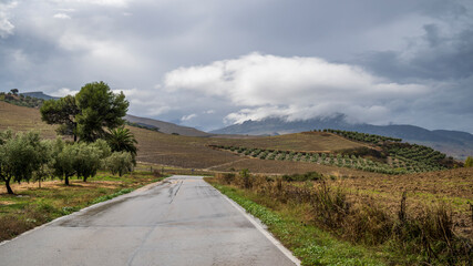 A tarmac road, running through the beautiful landscape of Andalusia, with views across the rolling hills and olive groves.  It is a rare, rainy day in southern Spain.