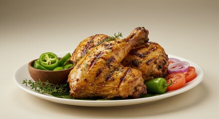 Grilled chicken pieces with vegetables on a white plate against a neutral background.