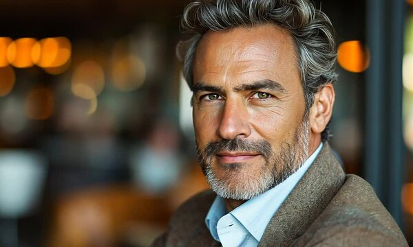 Confident mature caucasian man with gray hair and beard smiling warmly indoors with bokeh lights in background. Concept of masculine charm and personal maturity
