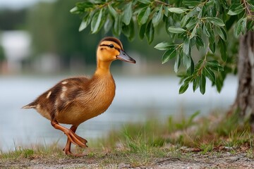 Obraz premium Duckling walks along the shore near a calm lake surrounded by greenery during a sunny day