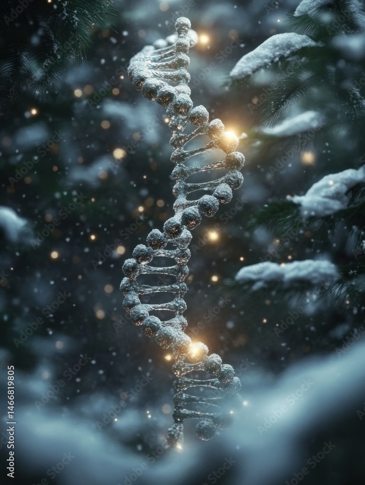 Poster dna helix in winter snow close up conceptual science shot of genetic code in nature with bokeh light