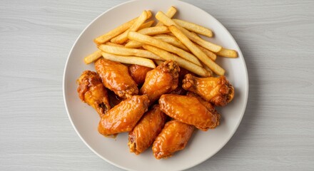 Plate with chicken wings and french fries on a white surface.