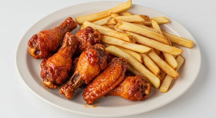 Plate of chicken wings and french fries on a white surface.