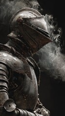 Ornate medieval knight armor with smoke swirling in dark dramatic lighting.