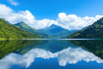 Serene mountain lake reflecting dramatic clouds and lush greenery