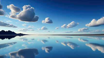 cumulus clouds drift serenely over mirror-like water at dawn