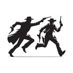 Gunfighter Duel Vector Silhouette, Western Standoff, High Noon Showdown, Wild West Face-Off, Cowboy Tension, Frontier Justice, Classic Western Clash.
