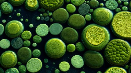 Macro view of green algae patterns in water, ideal for biology and microbiology learning visuals.