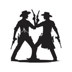 Gunfighter Duel Vector Silhouette, Western Standoff, High Noon Showdown, Wild West Face-Off, Cowboy Tension, Frontier Justice, Classic Western Clash.