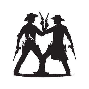 Gunfighter Duel Vector Silhouette, Western Standoff, High Noon Showdown, Wild West Face-Off, Cowboy Tension, Frontier Justice, Classic Western Clash.