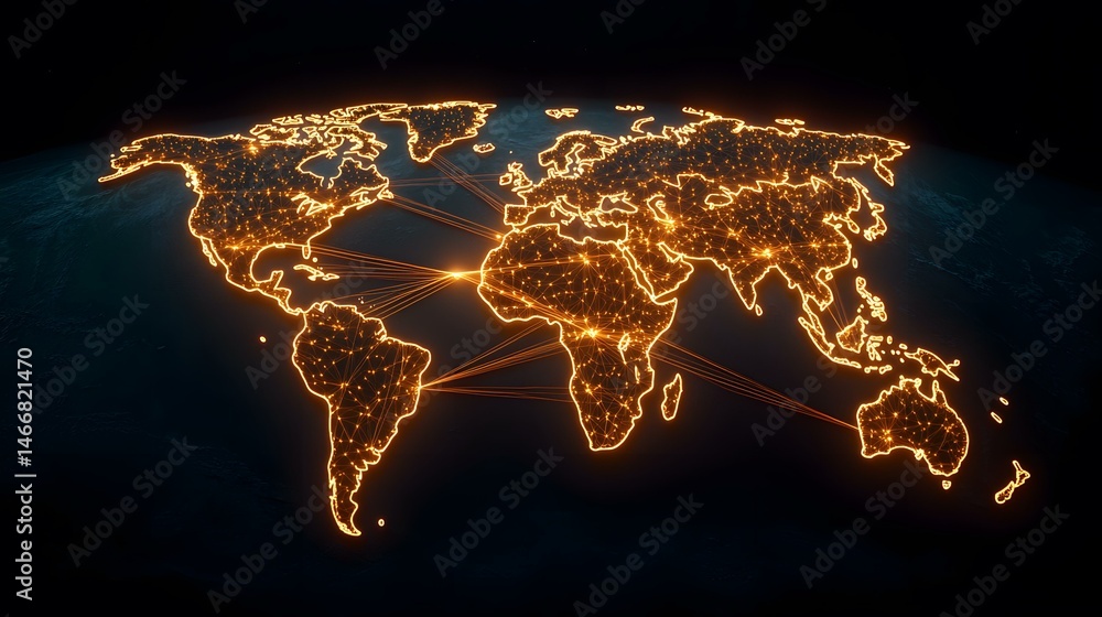 Aufkleber the image shows a glowing orange representation of the world map with interconnected lines illustrat