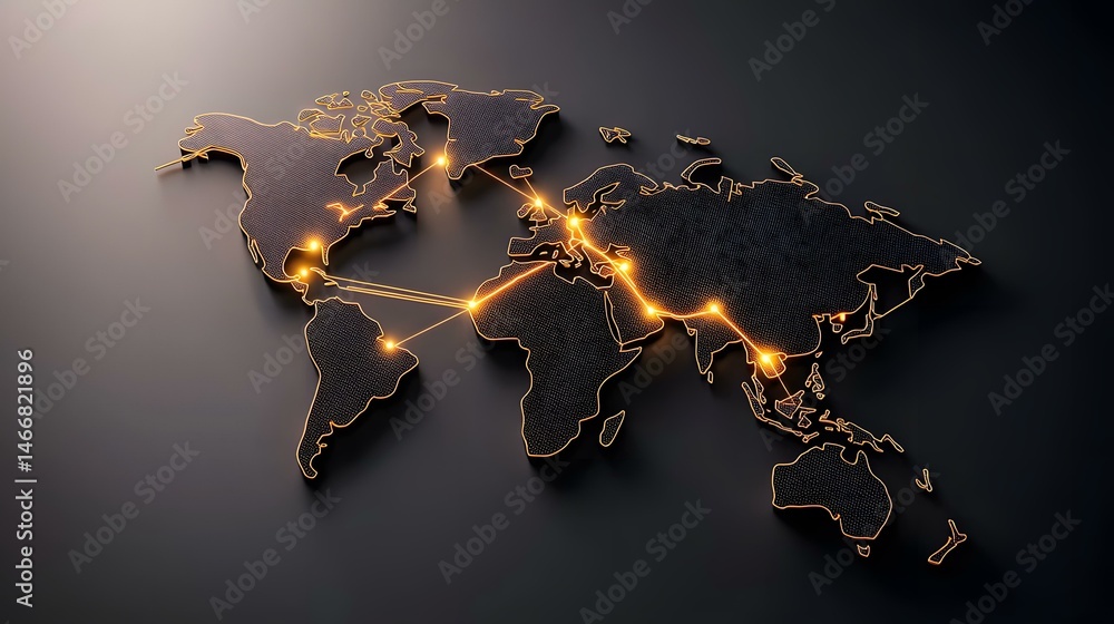 Aufkleber a three-dimensional dark-grey textured world map with glowing orange lines connecting various points