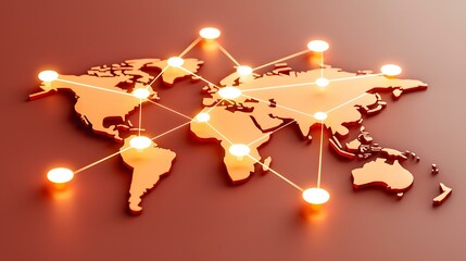 A 3D model of the world map with glowing nodes interconnected by lines, illustrating global network connections.