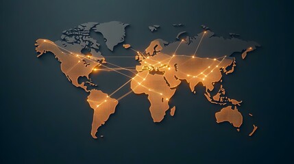 The image shows a world map with glowing orange lines connecting various points across continents, suggesting global connectivity or networking.
