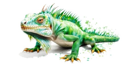 Fototapeta premium Majestic Green Iguana Watercolor Painting, Isolated on White