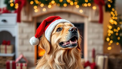 Happy golden retriever in Santa hat by the cozy fireplace