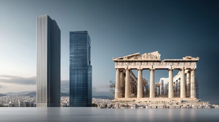 Fototapeta premium Dramatic Contrast Between Modern Architecture and Historical Structure of the Parthenon