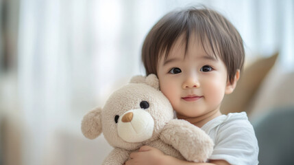 Happy Child Holding Soft Teddy Bear in Bright Indoor Setting