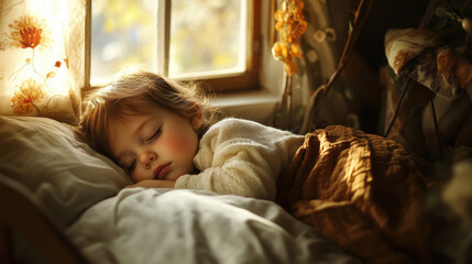 Serene Child Asleep by the Window with Soft Natural Light