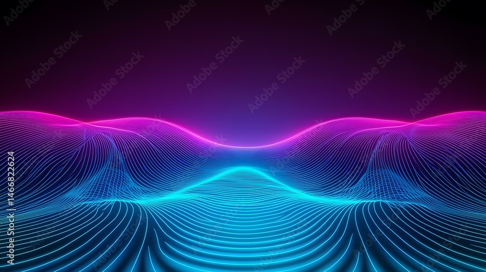 Poster the image contains an abstract landscape of glowing neon lines forming wavy hills. the color scheme 