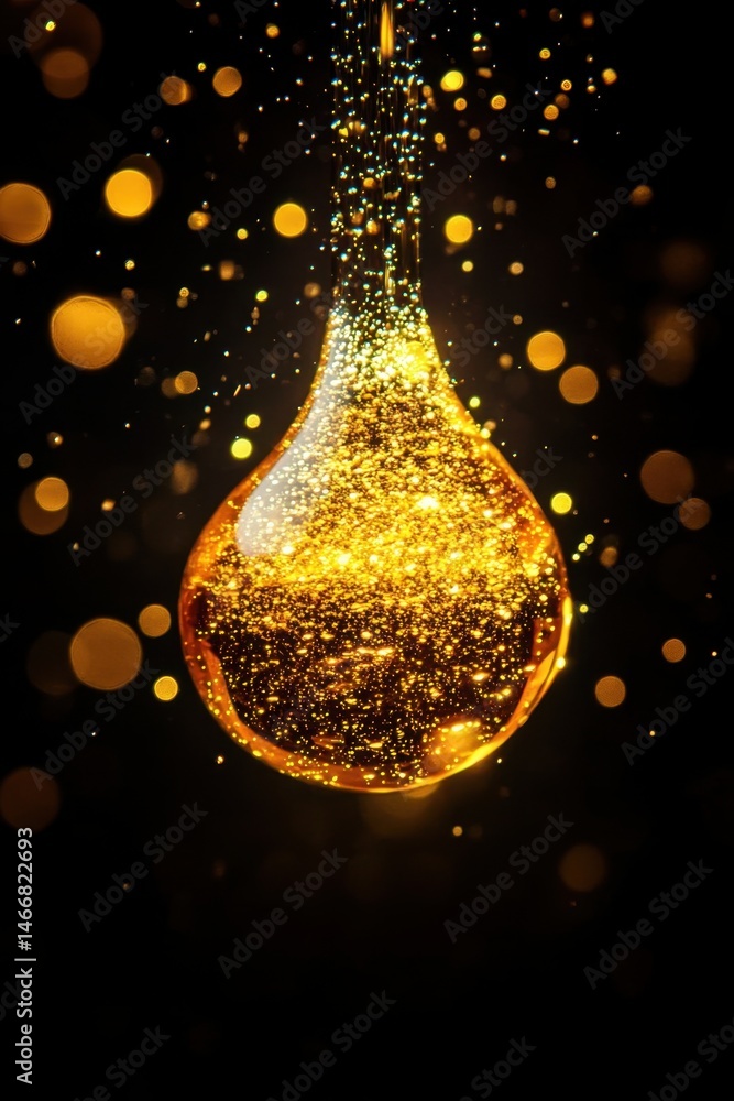 Poster golden liquid drop abstract macro shot on black background with bokeh lights for beauty and science 