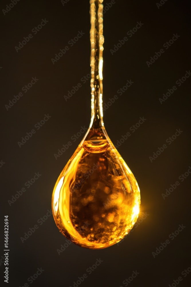 Poster close up of a golden syrup drop falling against a dark background in studio lighting with macro deta