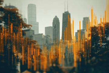 City skyline with abstract financial data overlay