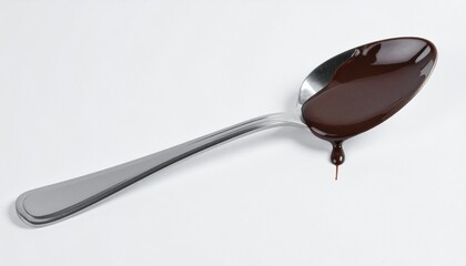 Stainless Steel Dessert Spoon with Chocolate Drizzle on Isolated Background